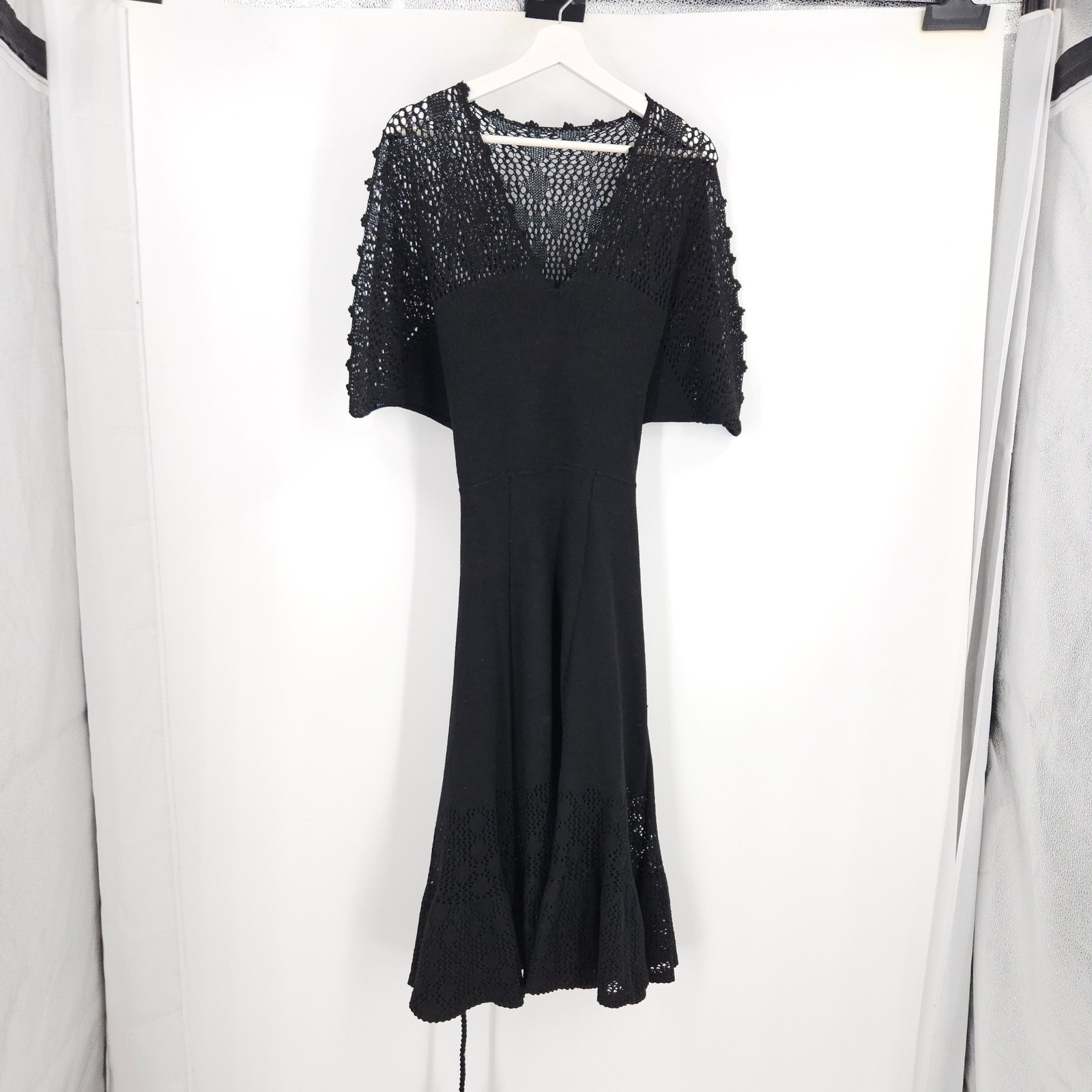 Vintage 70s Crochet Knit Midi Dress Black Dolman Sleeve Braided Waist Tiesize 8